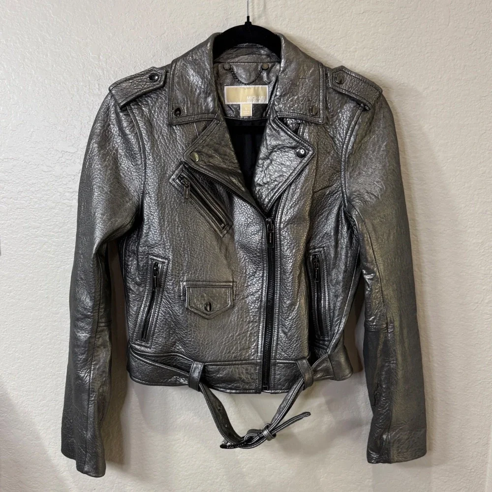 Michael Kors Silver Lamb Leather Moto Jacket Small Y2K Streetwear Metallic Biker